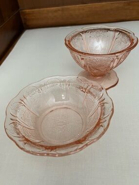 2 piece depression Jeanette Pink Cherry blossom pattern dessert dishes.